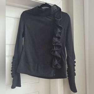 90 Degree By Reflex Black Ruffled Side Zip Sweat Jacket With Ruched Sleeves